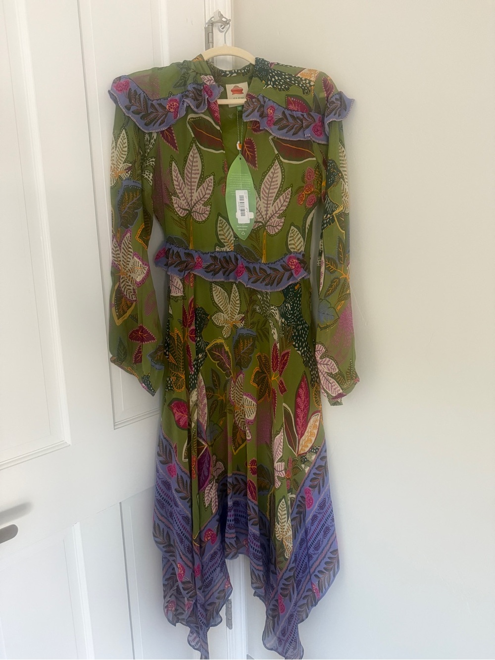 FARM Rio Olive Green Floral Maxi Dress with Purple Trim